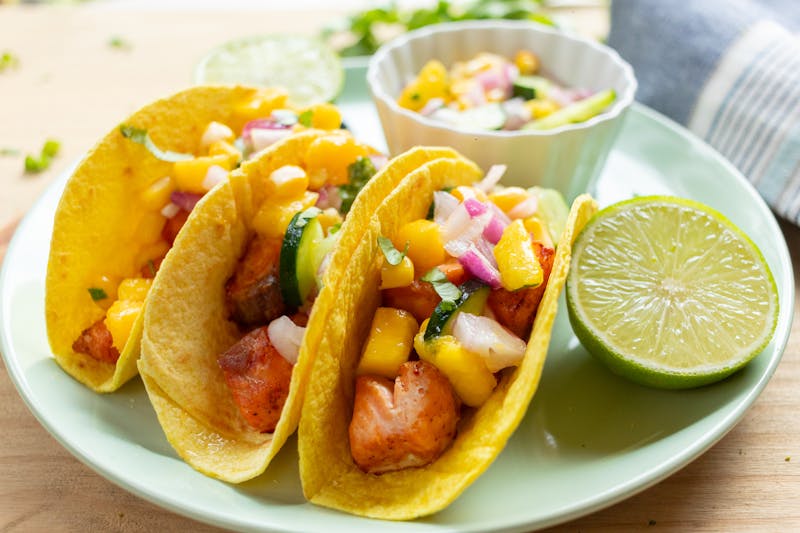 Crispy shrimp tacos with mango slaw and chipotle aioli